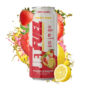 Jetfuel Energy RTD, Strawberry Lemonade Can - Front with fruit splash