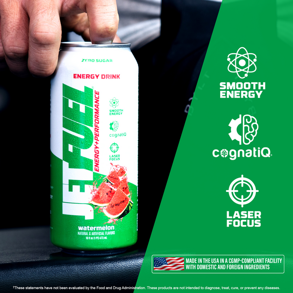 Jetfuel Energy RTD Watermelon - Can pictured in a golf truck about to be opened